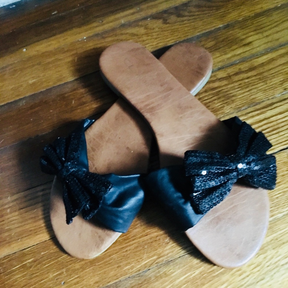 Black Sequin Bow Tie Slip on Flats